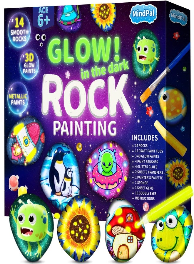 MindPal Kids Rock Painting Kit, 14 Pebbles for Painting - Glow in The Dark Rock Kit - Arts and Crafts for Kids Ages 6-12, Birthday Christmas Gift for Boys and Girls - Image 1